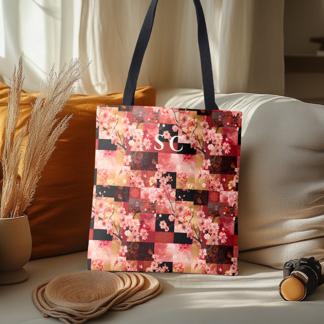 Patchwork Cherry Blossom and Fabric-Inspired  Tote Bag (Creator Uploaded)