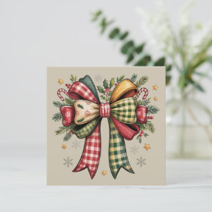 Patchwork Christmas Bow Cosy Rustic Holiday Card