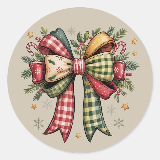 Patchwork Christmas Bow Cosy Rustic Holiday Classic Round Sticker (Front)
