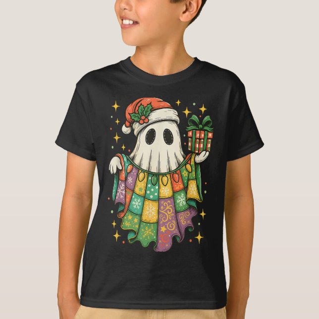 Patchwork Christmas Ghost Christmas, Christmas Boo T-Shirt (Front)