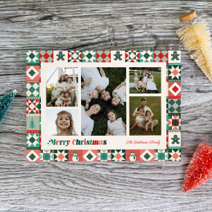 Patchwork Christmas Red and Green Photo Holiday Card