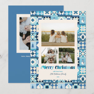 Patchwork Christmas Shades of Blue Three Photo Holiday Card