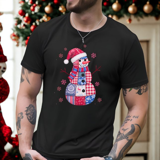 Patchwork Christmas Snowman with Snowflakes T-Shirt (Creator Uploaded)