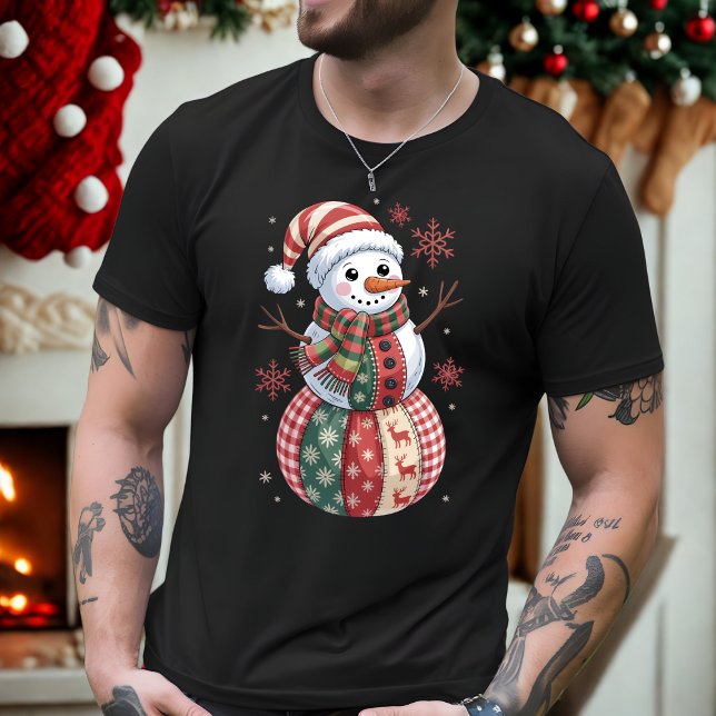 Patchwork Christmas Snowman with Snowflakes T-Shirt (Creator Uploaded)