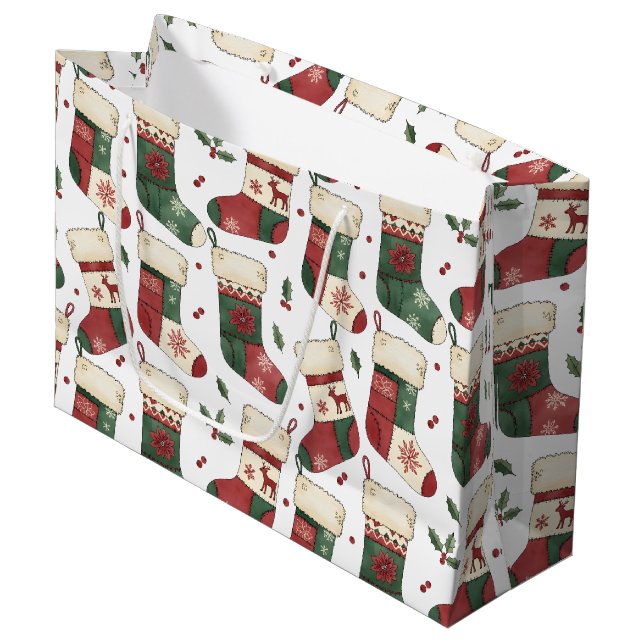 Patchwork Christmas Stockings Red Green White Large Gift Bag (Front Angled)
