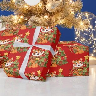 Patchwork Christmas Tiger With Christmas Tree Wrapping Paper