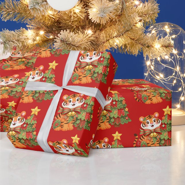 Patchwork Christmas Tiger With Christmas Tree Wrapping Paper (Holidays)