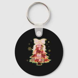 Patchwork Christmas Tree Coquette Bow Xmas Holiday Key Ring
