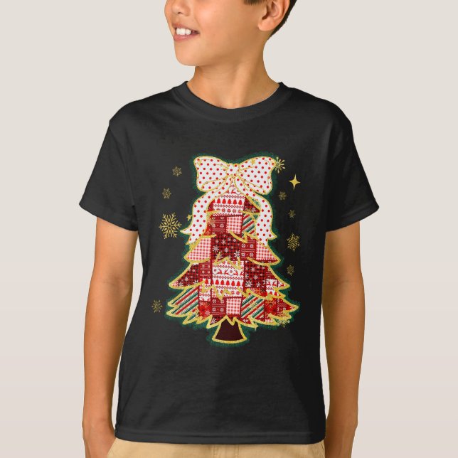 Patchwork Christmas Tree Coquette Bow Xmas Holiday T-Shirt (Front)