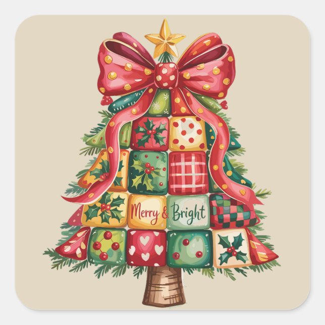 Patchwork Christmas Tree Coquette Xmas Tree  Square Sticker (Front)