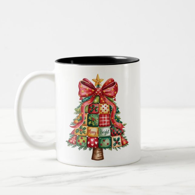 Patchwork Christmas Tree Coquette Xmas Tree  Two-Tone Coffee Mug (Left)