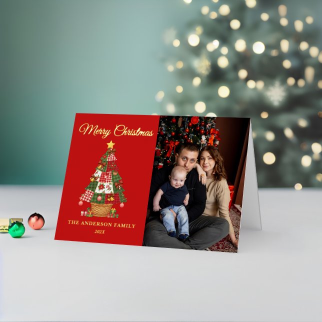 Patchwork Christmas Tree Photo Foil Holiday Card (Holiday In Situ 2)