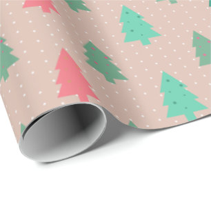 Patchwork Christmas Trees Pink Wrapping Paper