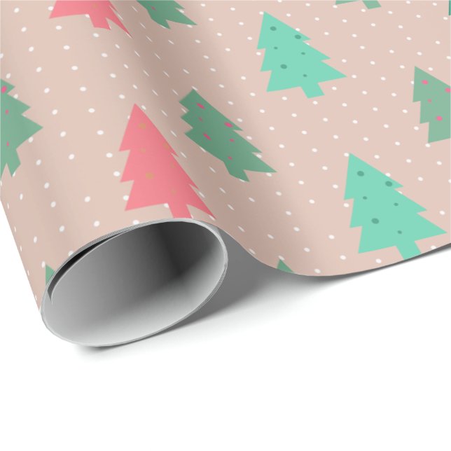 Patchwork Christmas Trees Pink Wrapping Paper (Roll Corner)