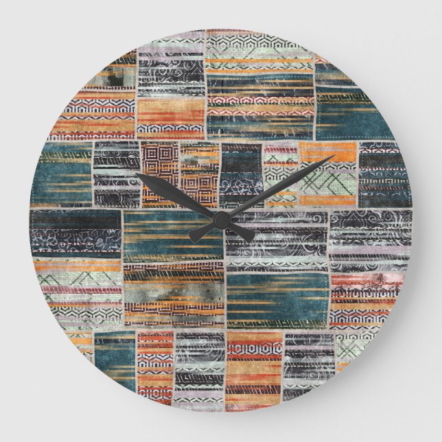 Patchwork collage mix, quilt pattern print. large clock (Front)
