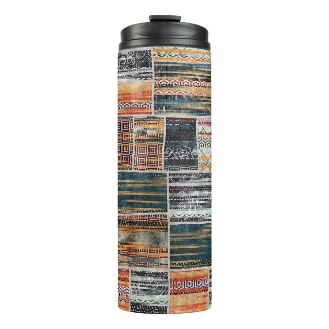 Patchwork collage mix, quilt pattern print. thermal tumbler (Front)