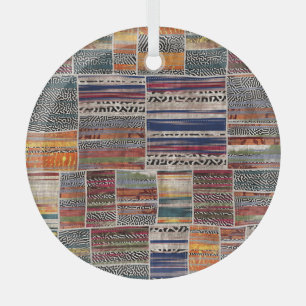 Patchwork collage: mixed quilt pattern. glass tree decoration
