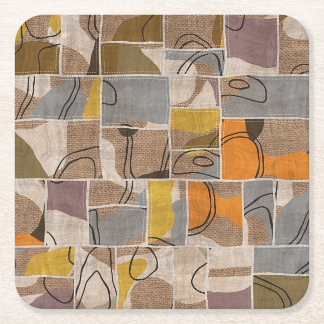 Patchwork collage, quilt mix pattern square paper coaster (Front)