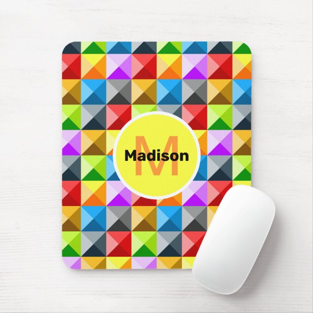 Patchwork Colourful geometric pattern Monogram Mouse Mat (With Mouse)
