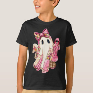 Patchwork Coquette Bow Breast Cancer Ghost Hallowe T-Shirt