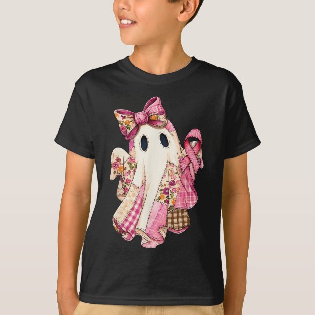 Patchwork Coquette Bow Breast Cancer Ghost Hallowe T-Shirt (Front)