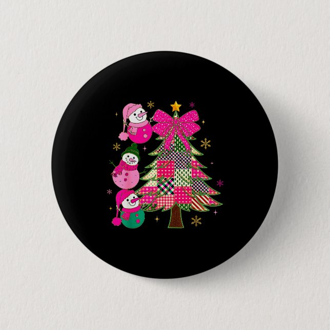 Patchwork Coquette Bow Xmas Snowman Holiday Christ 6 Cm Round Badge (Front)