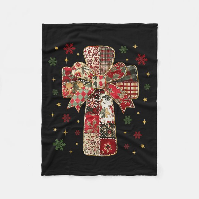 Patchwork Cross Christian Christmas Coquette Bow  Fleece Blanket (Front)