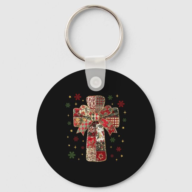 Patchwork Cross Christian Christmas Coquette Bow  Key Ring (Front)