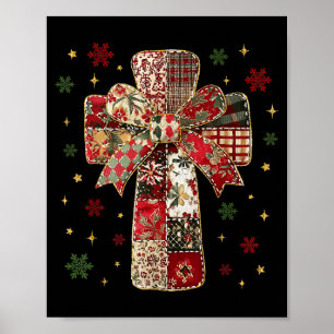 Patchwork Cross Christian Christmas Coquette Bow  Poster