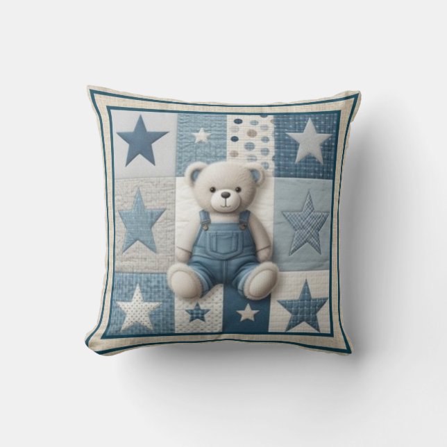 Patchwork Denim Bear Baby Square Throw Pillow (Front)