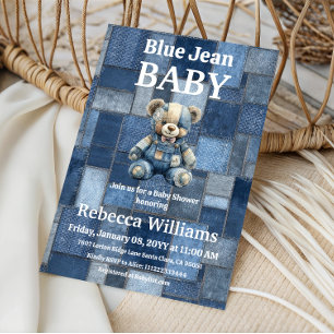 Patchwork Denim Bear Boy Blue Jean Baby Shower Invitation