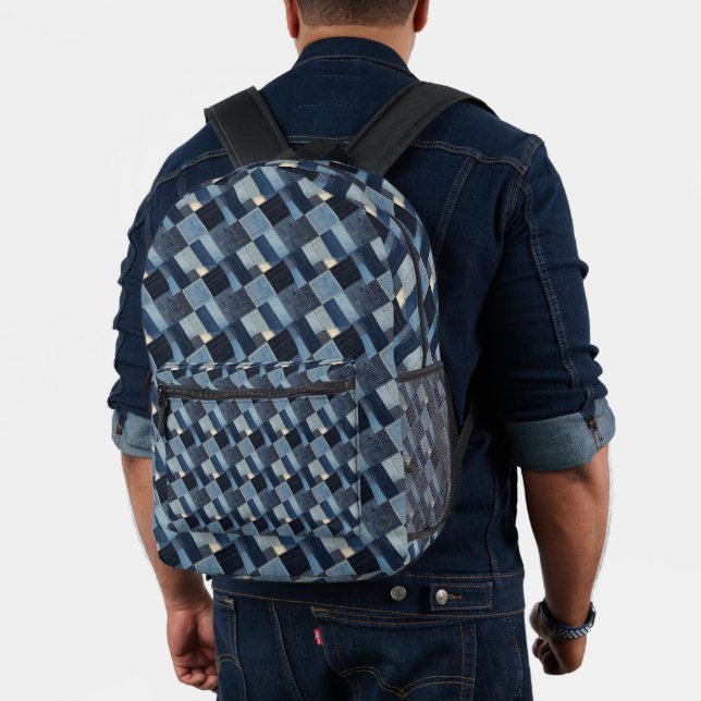 Patchwork Denim Fabric Art Illustration No2 Printed Backpack (Insitu (Model))