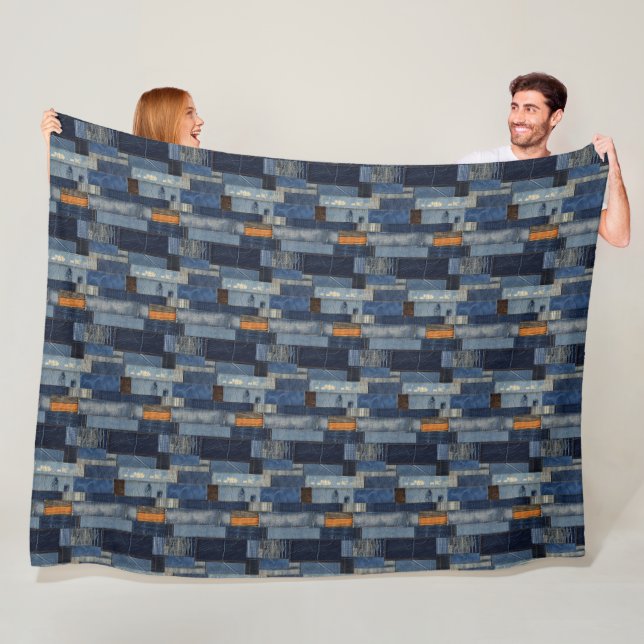 Patchwork Denim Fabric Art Illustration No6 Fleece Blanket (In Situ)