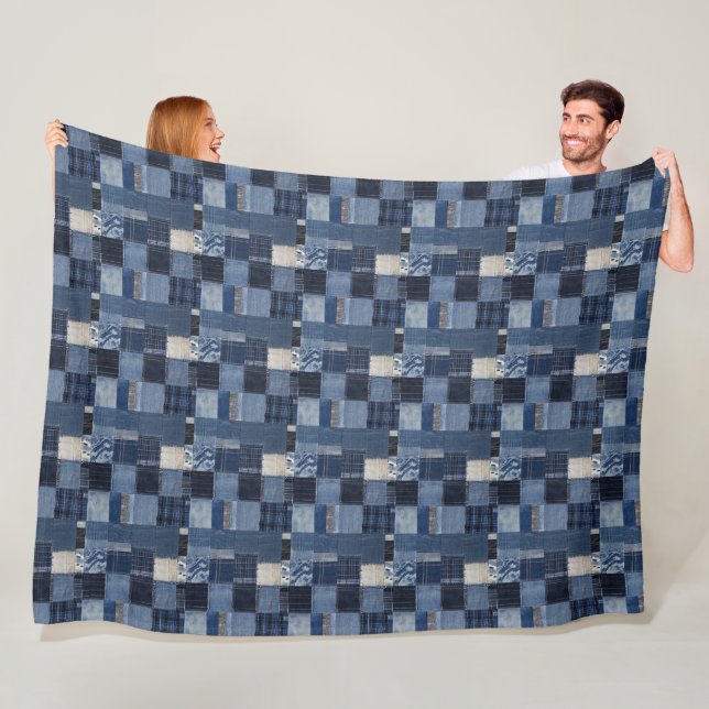 Patchwork Denim Fabric Art Illustration No9 Fleece Blanket (In Situ)
