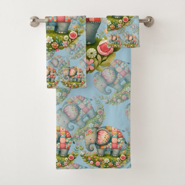 Patchwork Elephant Floral Meadow Charm Bath Towel Set (Insitu)