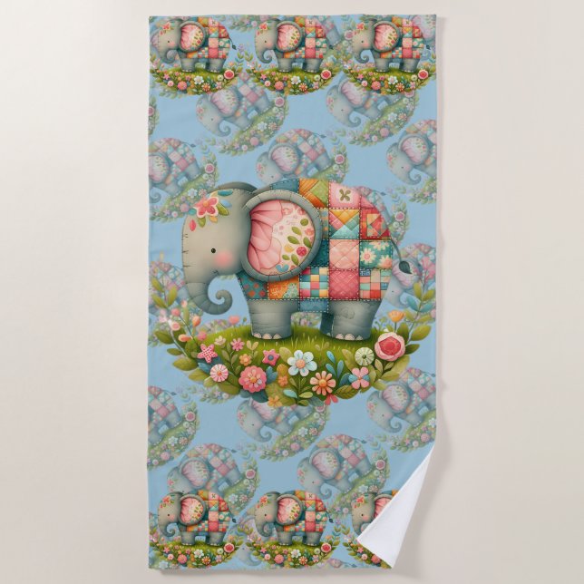 Patchwork Elephant Floral Meadow Charm Beach Towel (Front)