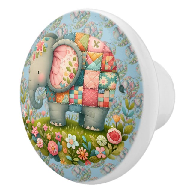 Patchwork Elephant Floral Meadow Charm Ceramic Knob (Right)