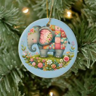 Patchwork Elephant Floral Meadow Charm Ceramic Tree Decoration