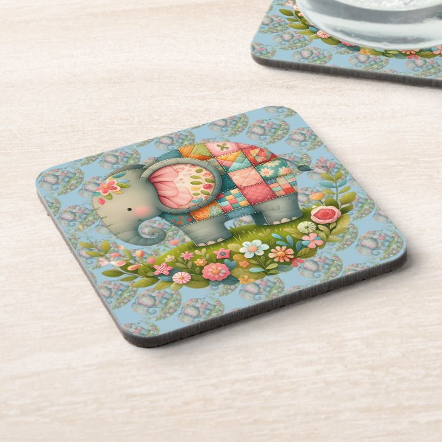 Patchwork Elephant Floral Meadow Charm Coaster (Left Side)