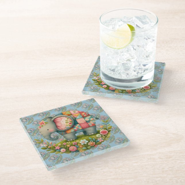 Patchwork Elephant Floral Meadow Charm Glass Coaster (Angled)