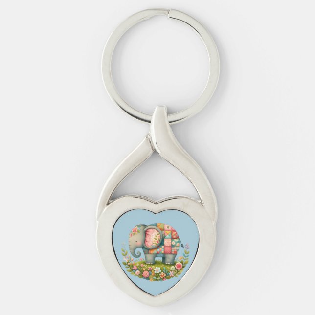 Patchwork Elephant Floral Meadow Charm Key Ring (Front)