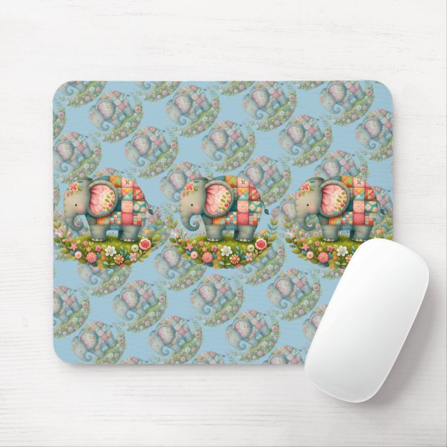 Patchwork Elephant Floral Meadow Charm Mouse Mat (With Mouse)