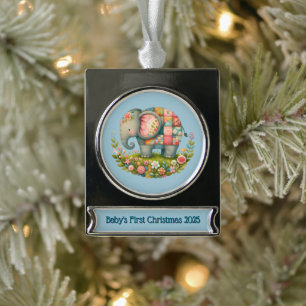 Patchwork Elephant Floral Meadow Charm Silver Plated Banner Ornament