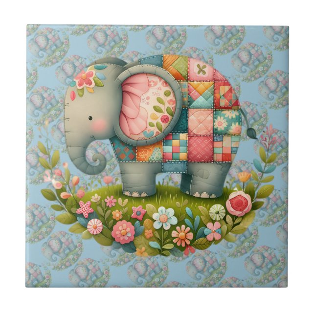 Patchwork Elephant Floral Meadow Charm Tile (Front)