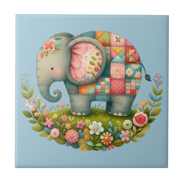 Patchwork Elephant Floral Meadow Charm Tile (Front)