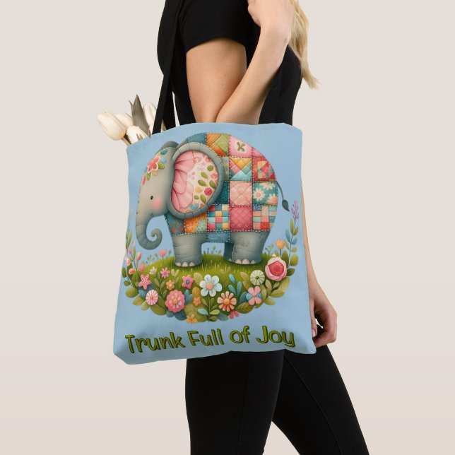 Patchwork Elephant Floral Meadow Charm Tote Bag (Close Up)