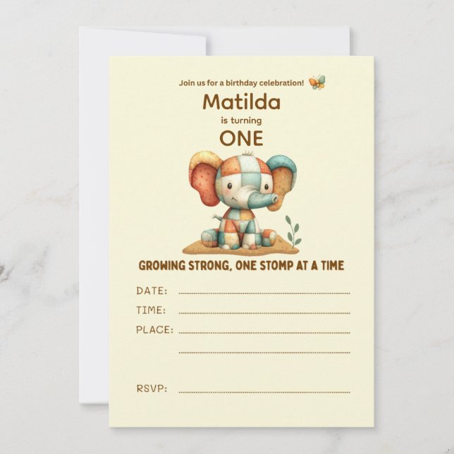 Patchwork Elephant “Growing Strong”   Invitation (Front)