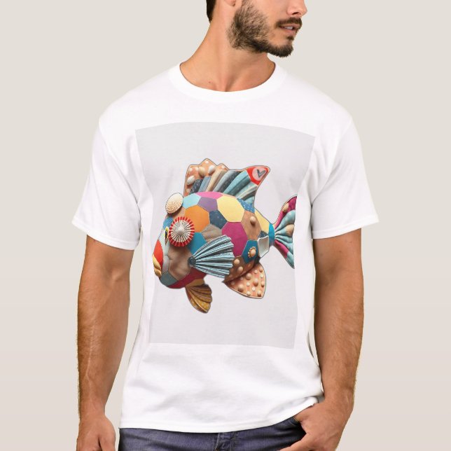Patchwork Fabric Fish with Shells T-Shirt (Front)