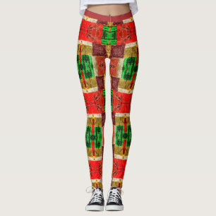 Patchwork Fabric Print Orange Green Gold Stylish Leggings