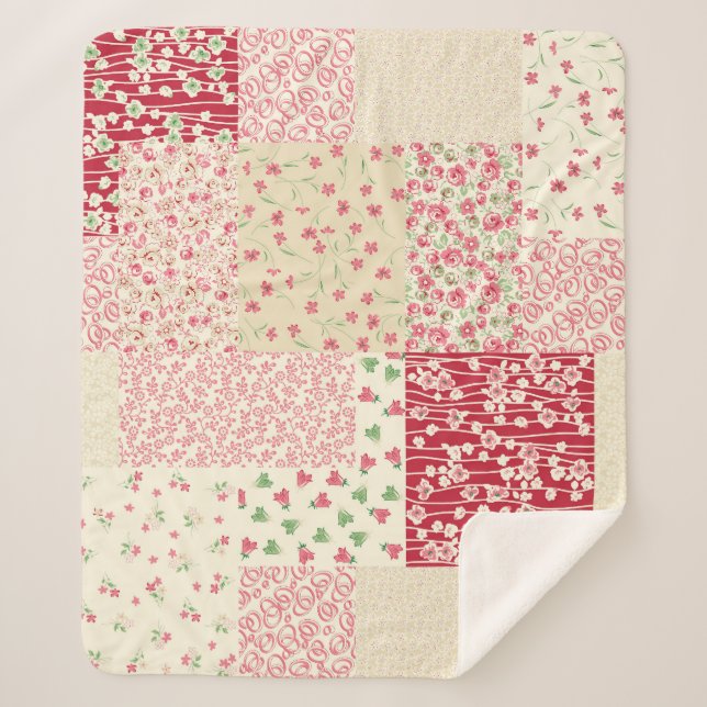 Patchwork Floral: Hand Drawn Ornaments. Sherpa Blanket (Front)